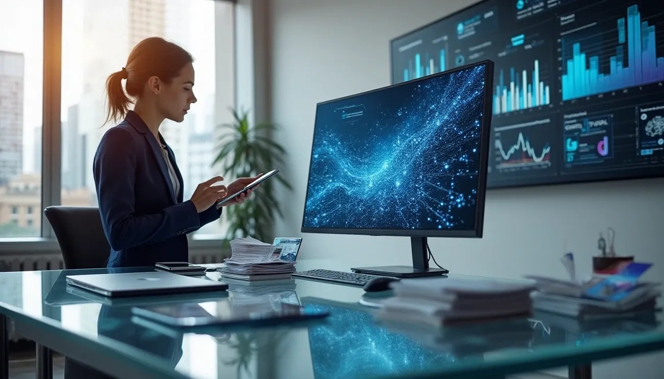 Businesswoman using a tablet in a modern office with multiple screens displaying data analytics and digital networks.