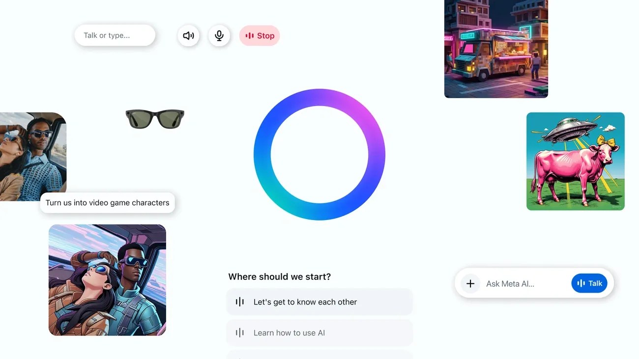 Meta AI App interface showing voice and text input options, AI-generated images, and conversation prompts.