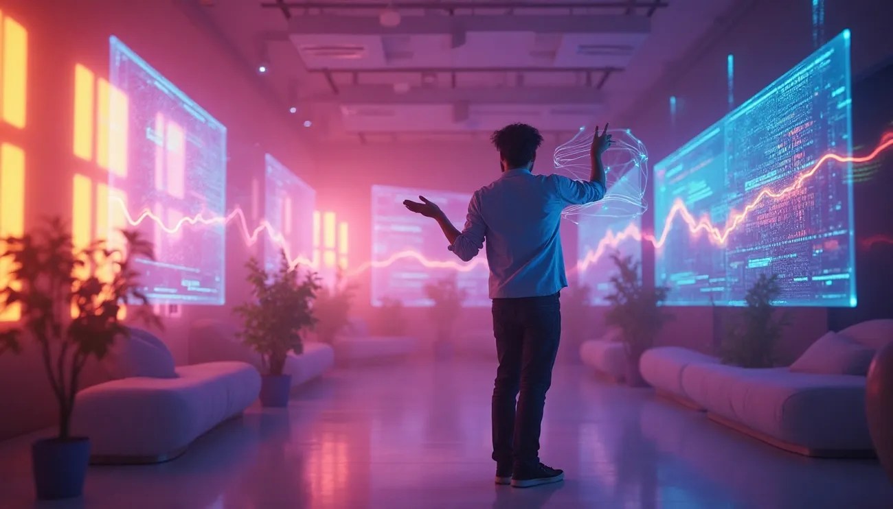 Person interacting with futuristic holographic data displays in a neon-lit modern office environment.