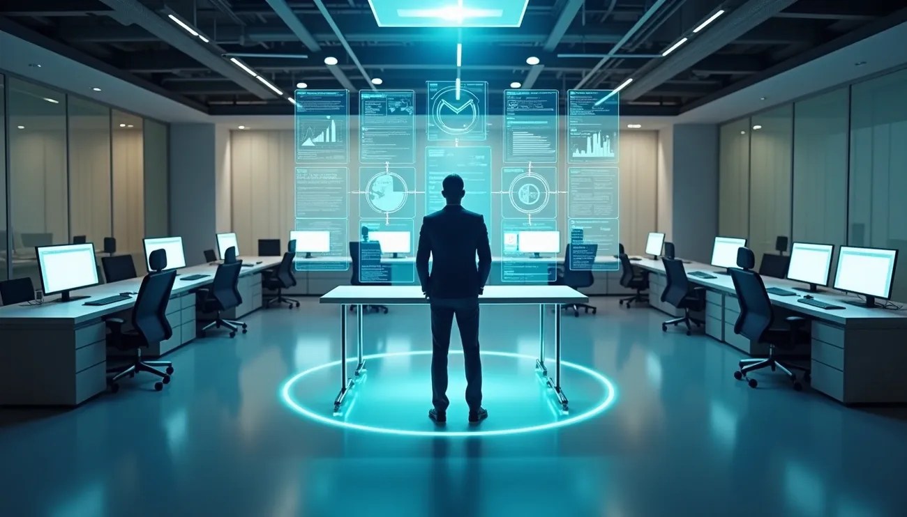 Businessman analyzing digital data displays in a futuristic office surrounded by empty desks and computers