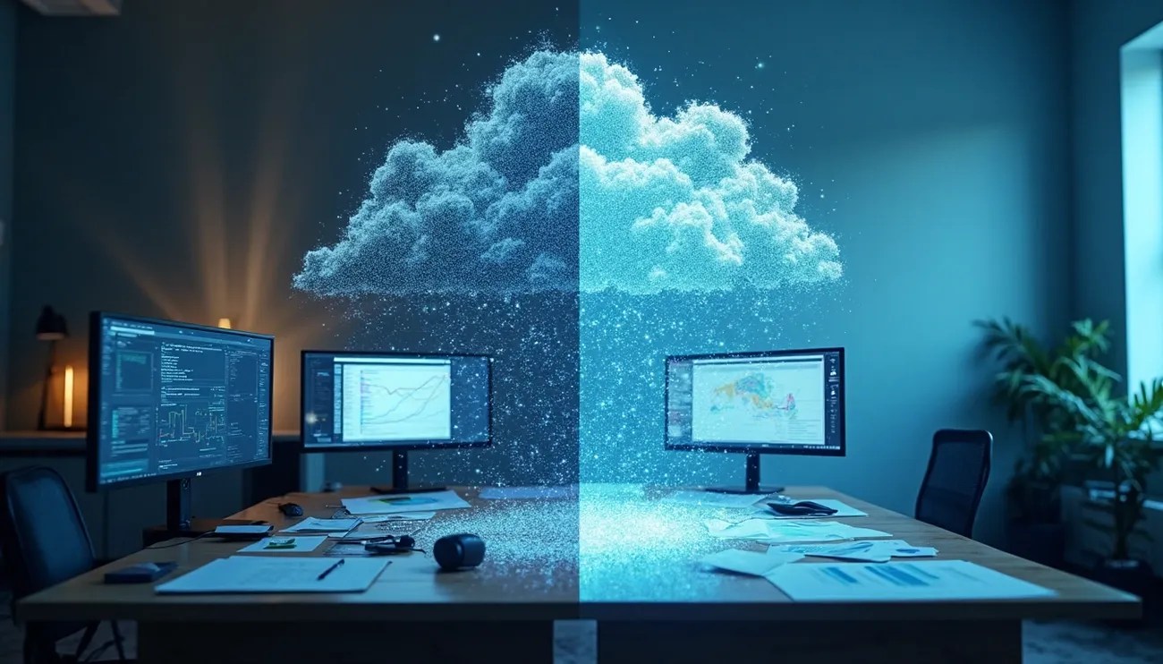 Digital cloud hologram above an office desk with multiple monitors displaying data and charts in a modern workspace.