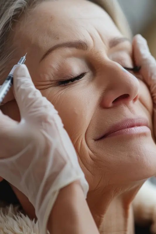 Manos inyectando suavemente en rostro de mujer madura.