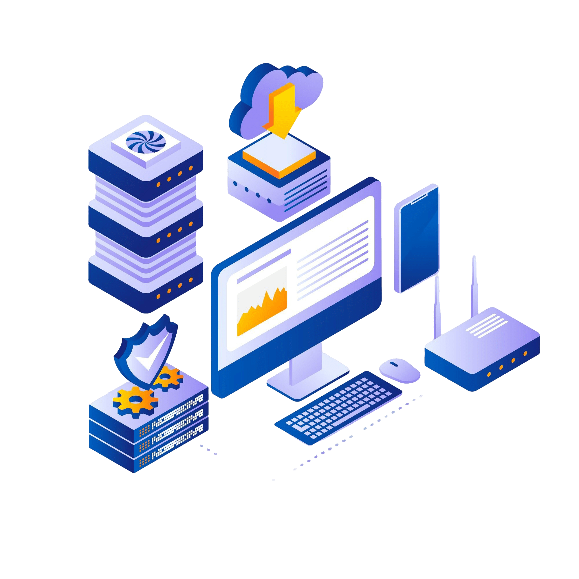Illustration of a computer and connected devices with various objects, representing Unifi’s managed infrastructure services.