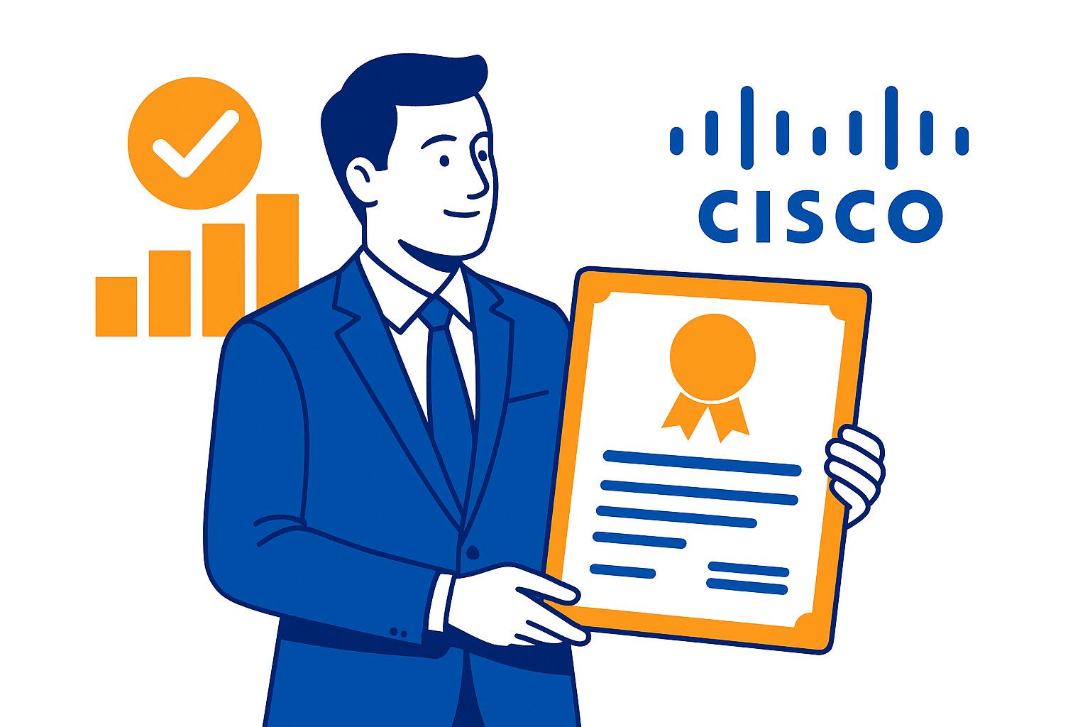 A flat-style digital illustration of a professional man in a blue suit holding an orange certificate, with a stylized bar chart and checkmark in the background. The color palette features Unifi's brand colors: blue (#0F32AA) and orange (#FF9605), set against a clean white background. The style is minimal and modern, emphasizing achievement and recognition.