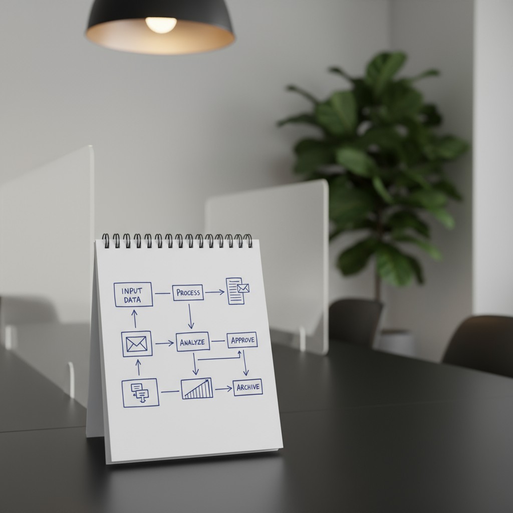 A flowchart of an organizational information workflow for processing data, with arrows and boxes illustrating steps such a...