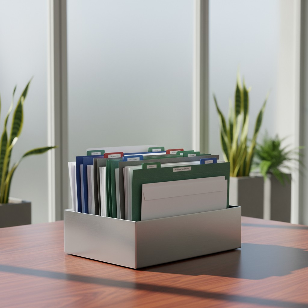 A metal file organizer sits atop a wooden desk, holding numerous files and documents. The metal file organizer is rectangu...