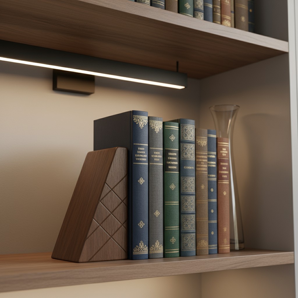Image of a bookshelf with books situated under a flat strip of overhead lighting.