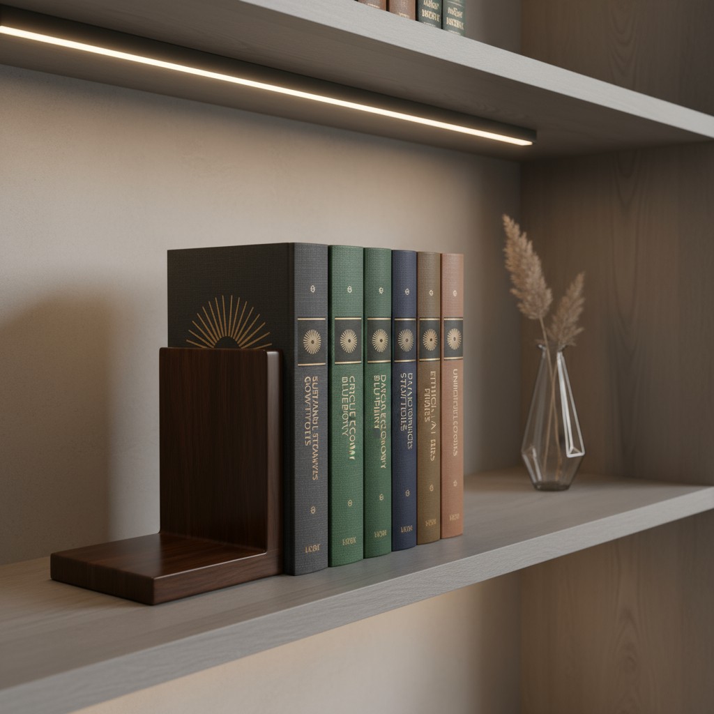 A row of seven hardcover books with ornate gold-embossed spines and sun designs stands atop a platform, between wooden boo...