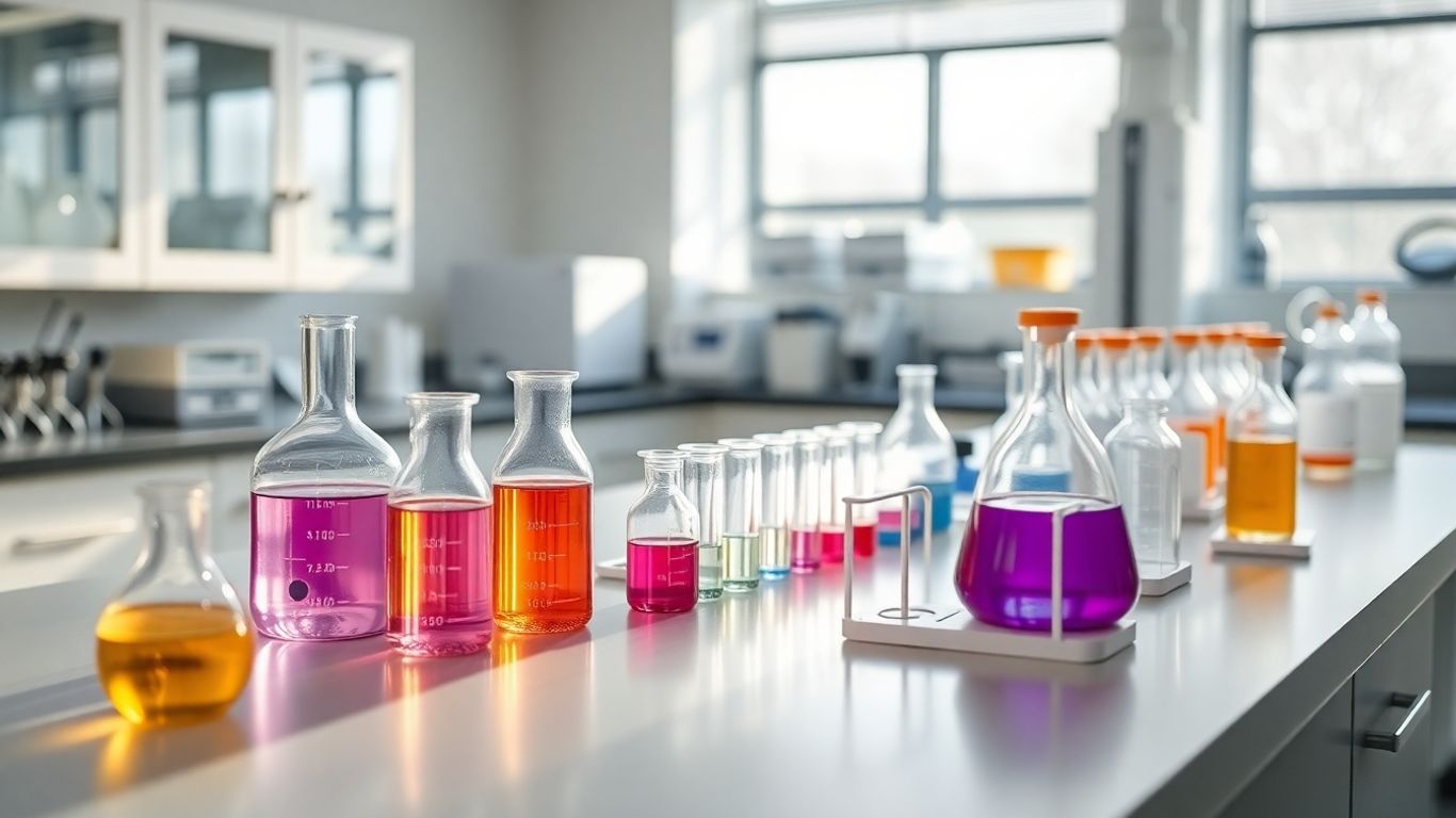 Laboratório de química com equipamentos modernos e iluminação natural.