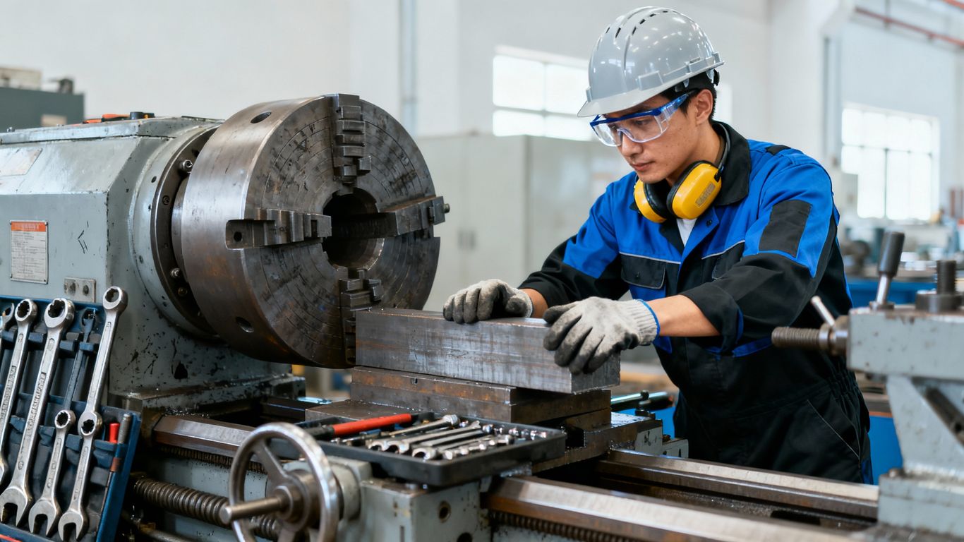 Técnico em mecânica industrial trabalhando em oficina com máquinas.