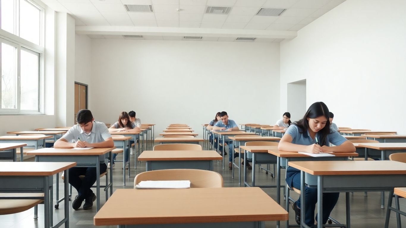 Estudantes fazendo prova em sala organizada e iluminada.