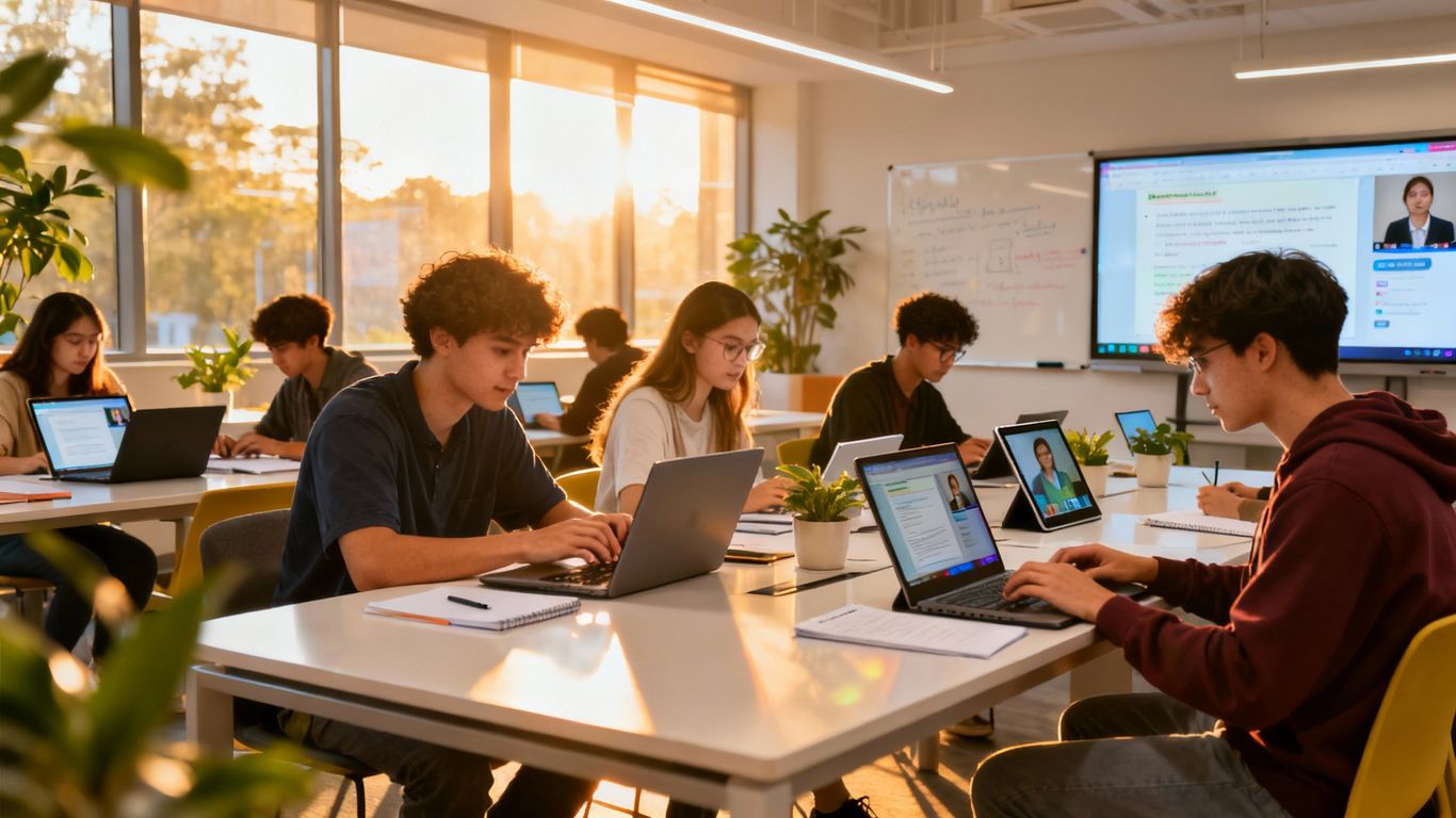 Estudantes aprendendo em computadores em uma escola técnica online.