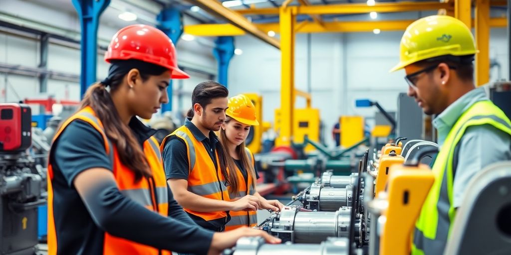 Estudantes em treinamento industrial em Sorocaba, usando equipamentos.