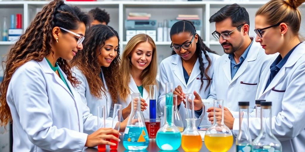 Grupo diverso de químicos trabalhando em laboratório moderno.