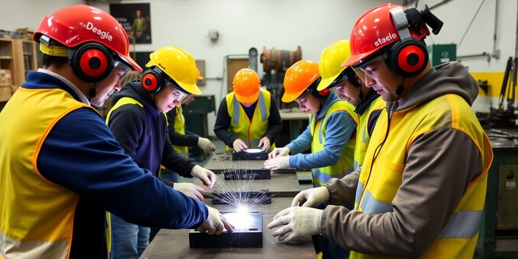 Estudantes trabalhando em metalurgia em ambiente de aula.