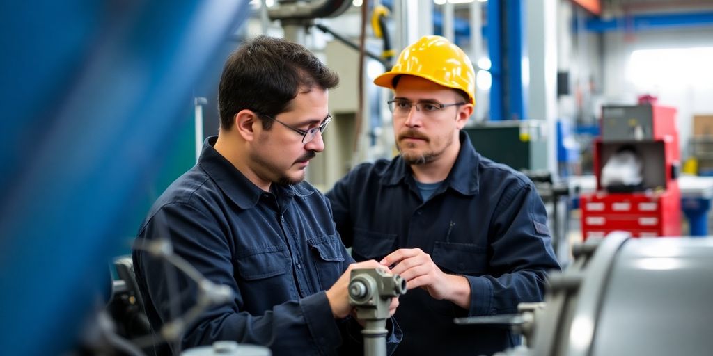 Técnico hidráulico inspecionando maquinário em ambiente industrial.