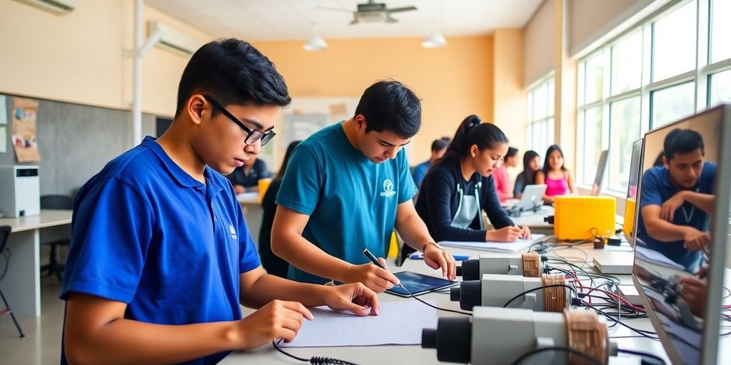 Estudantes em aula prática no ensino técnico de Paulínia.