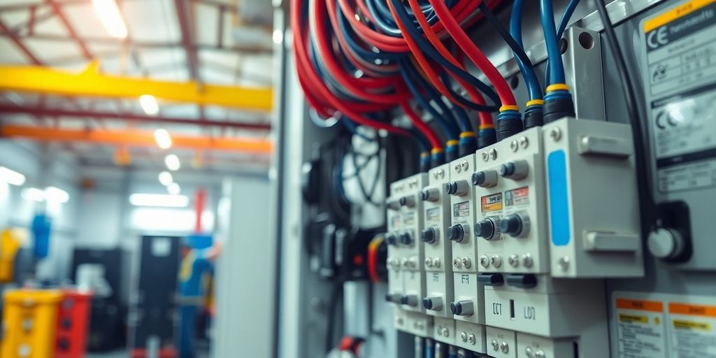 Equipamentos elétricos modernos em ambiente industrial.