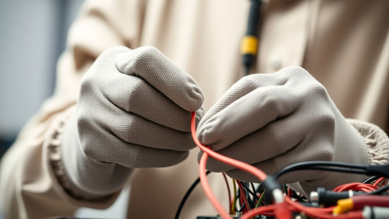 Mãos trabalhando com fios elétricos em curso técnico.