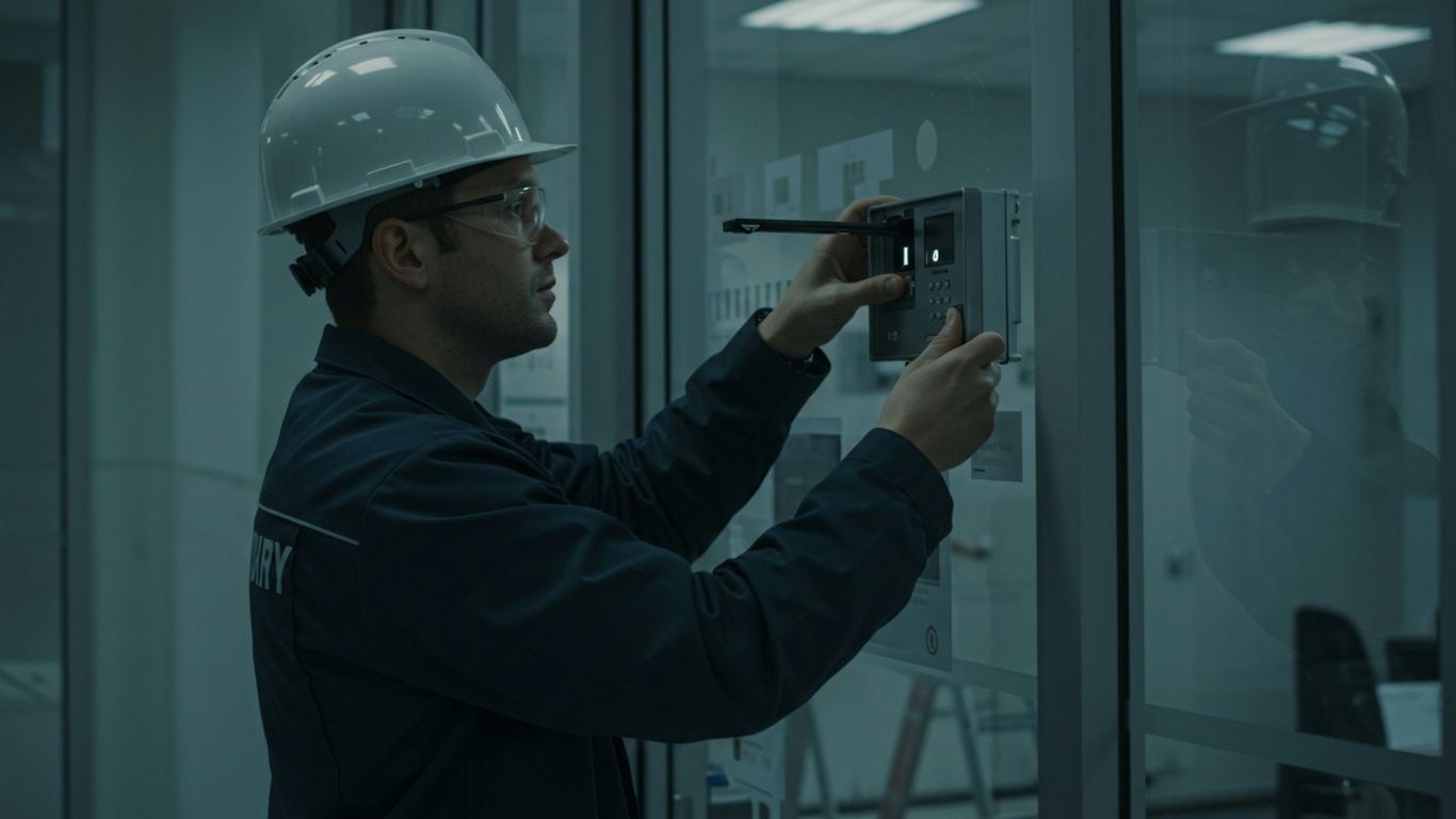 A construction worker is examining a door.