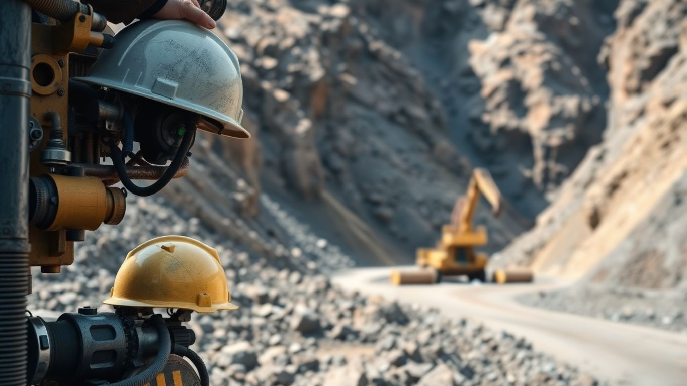 Técnico em mineração em campo com equipamentos.
