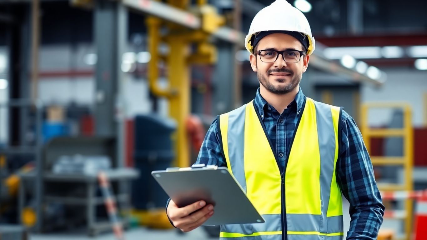 Técnico em segurança do trabalho com capacete e colete.