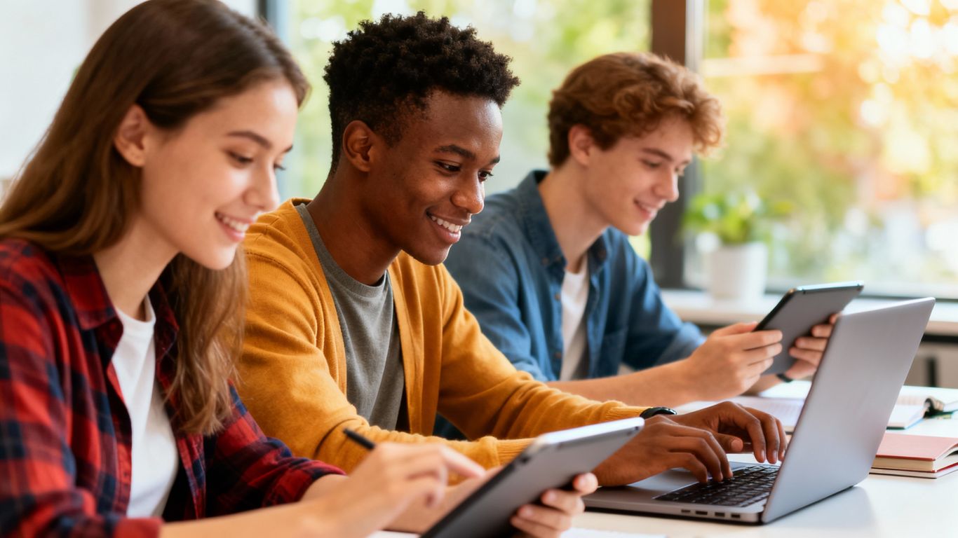 Pessoas aprendendo online em laptops e tablets.