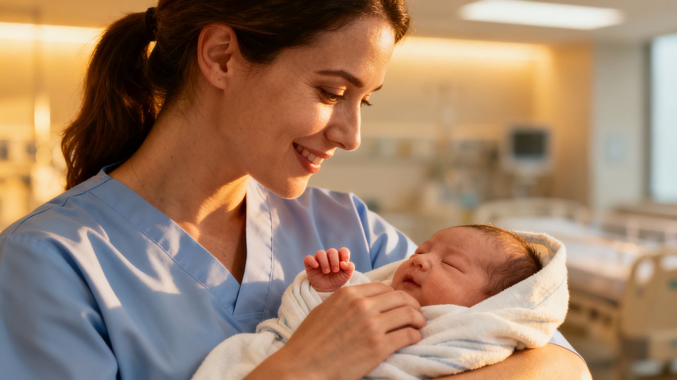 Enfermeira sorrindo com bebê nos braços em hospital.