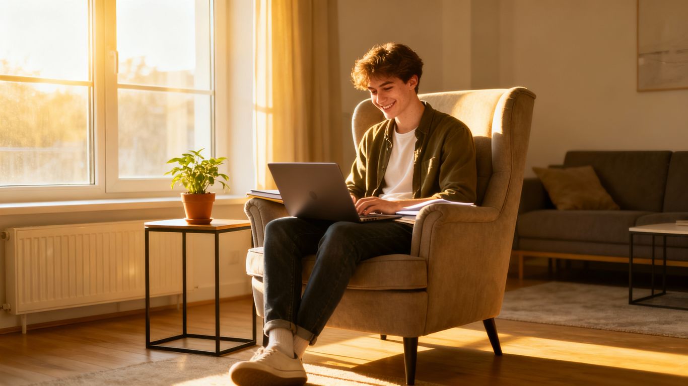 Estudante sorrindo estudando em um laptop em casa.