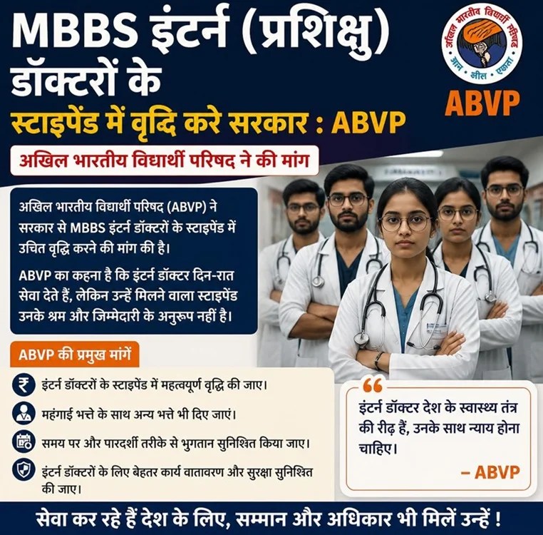 MBBS इंटर्न (प्रशिक्षु) डॉक्टरों के स्टाइपेंड में वृद्धि करे सरकार : ABVP