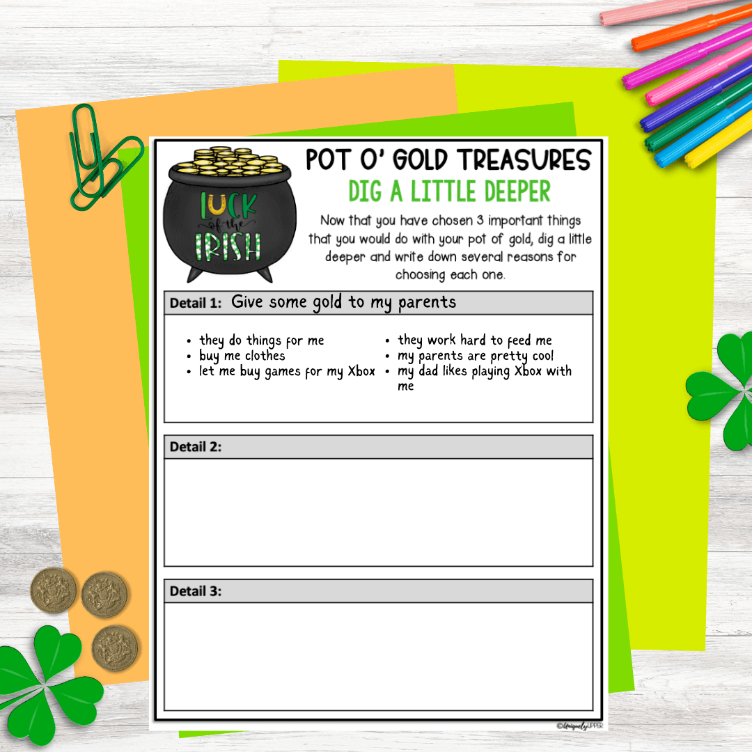 St Patrick's Day writing organizer to dive deeper for details