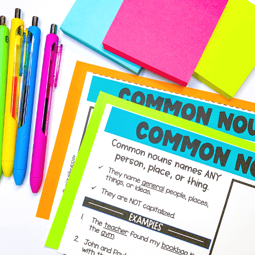 parts of speech skill cards for common nouns with pens and sticky notes