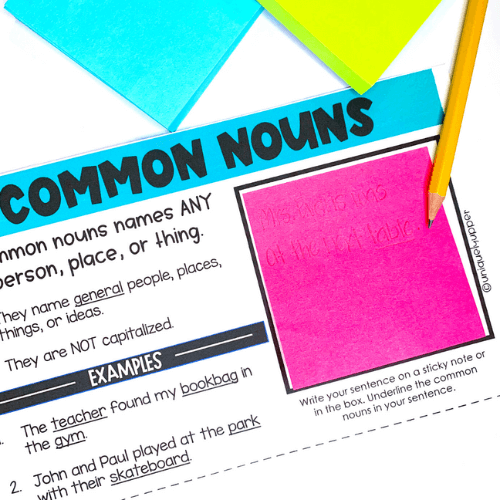 parts of speech skill card for finding common nouns