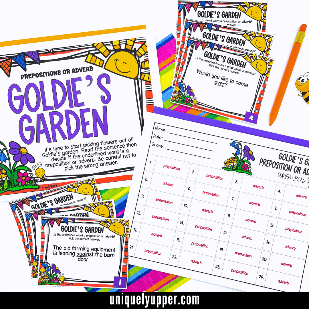 This image is showing a grammar center for identifying prepositions and adverbs.