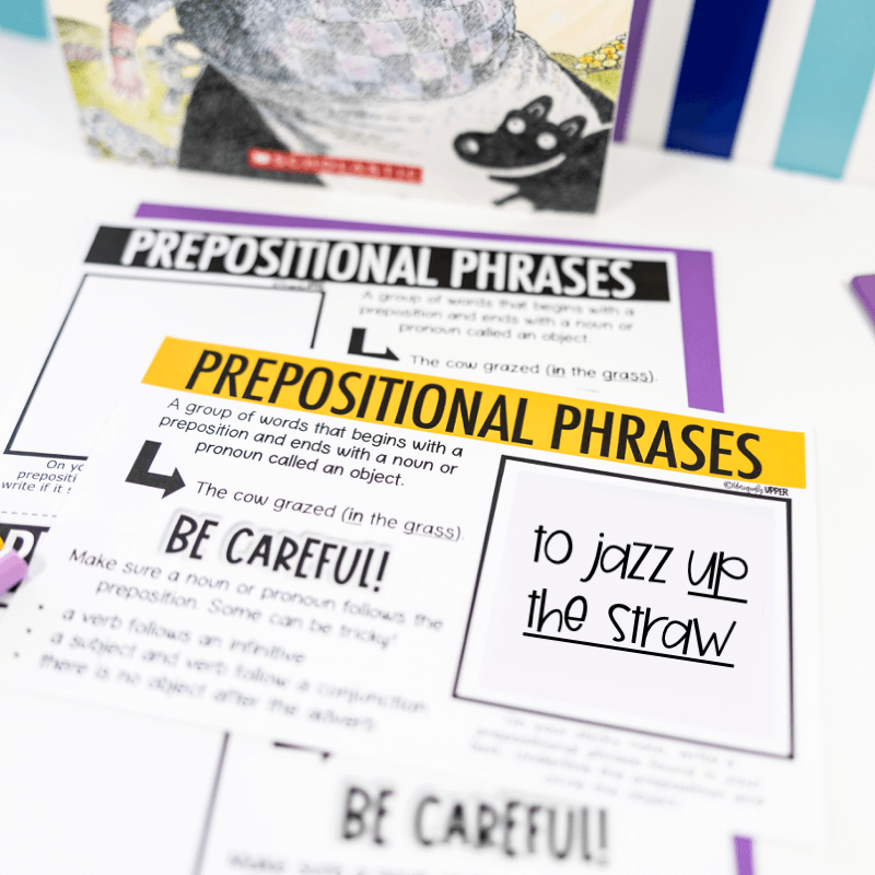 prepositional phrase skill card with story book