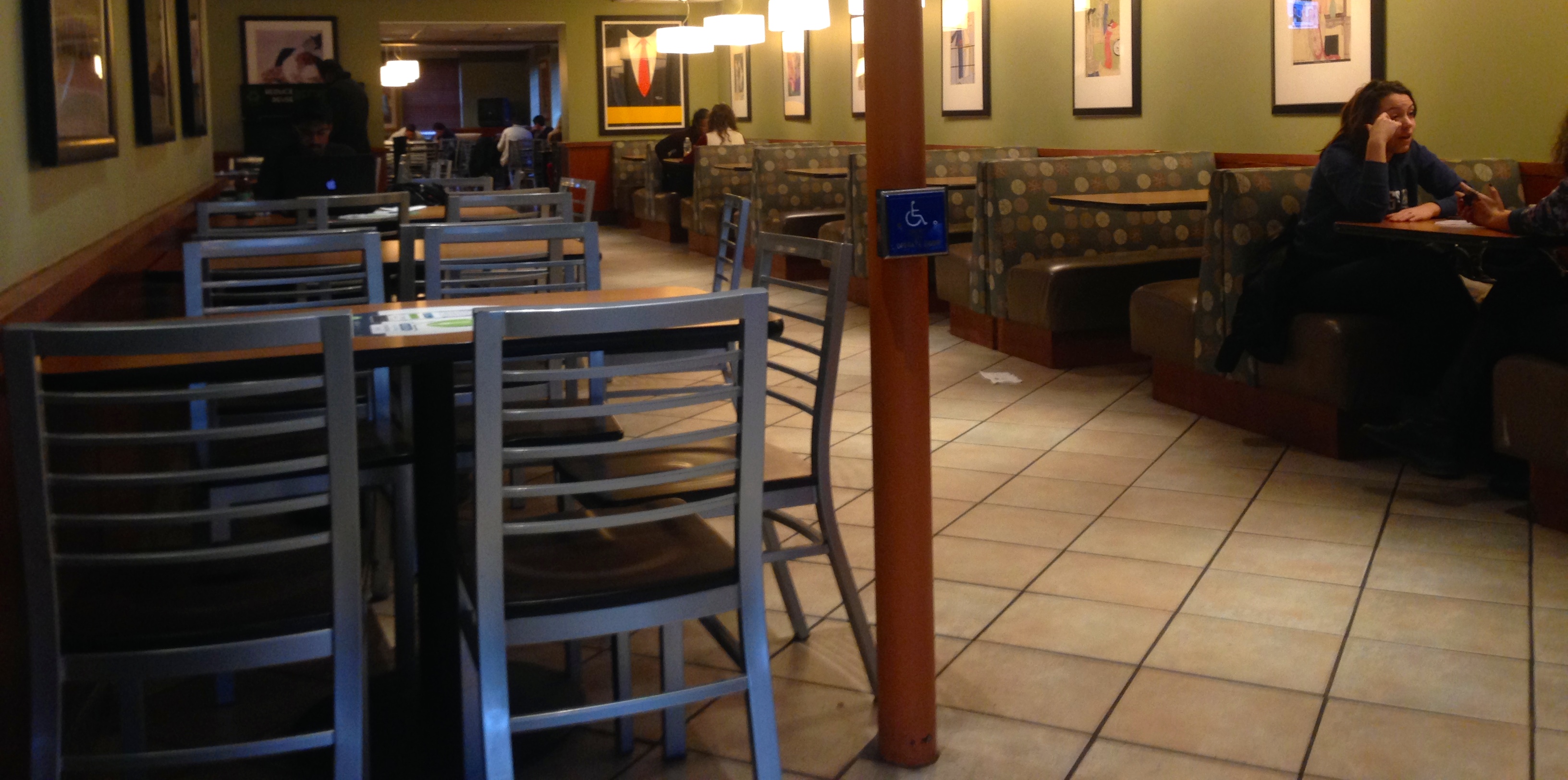 The tables that are inside of Bits & Bites for students to sit down and enjoy their meals.