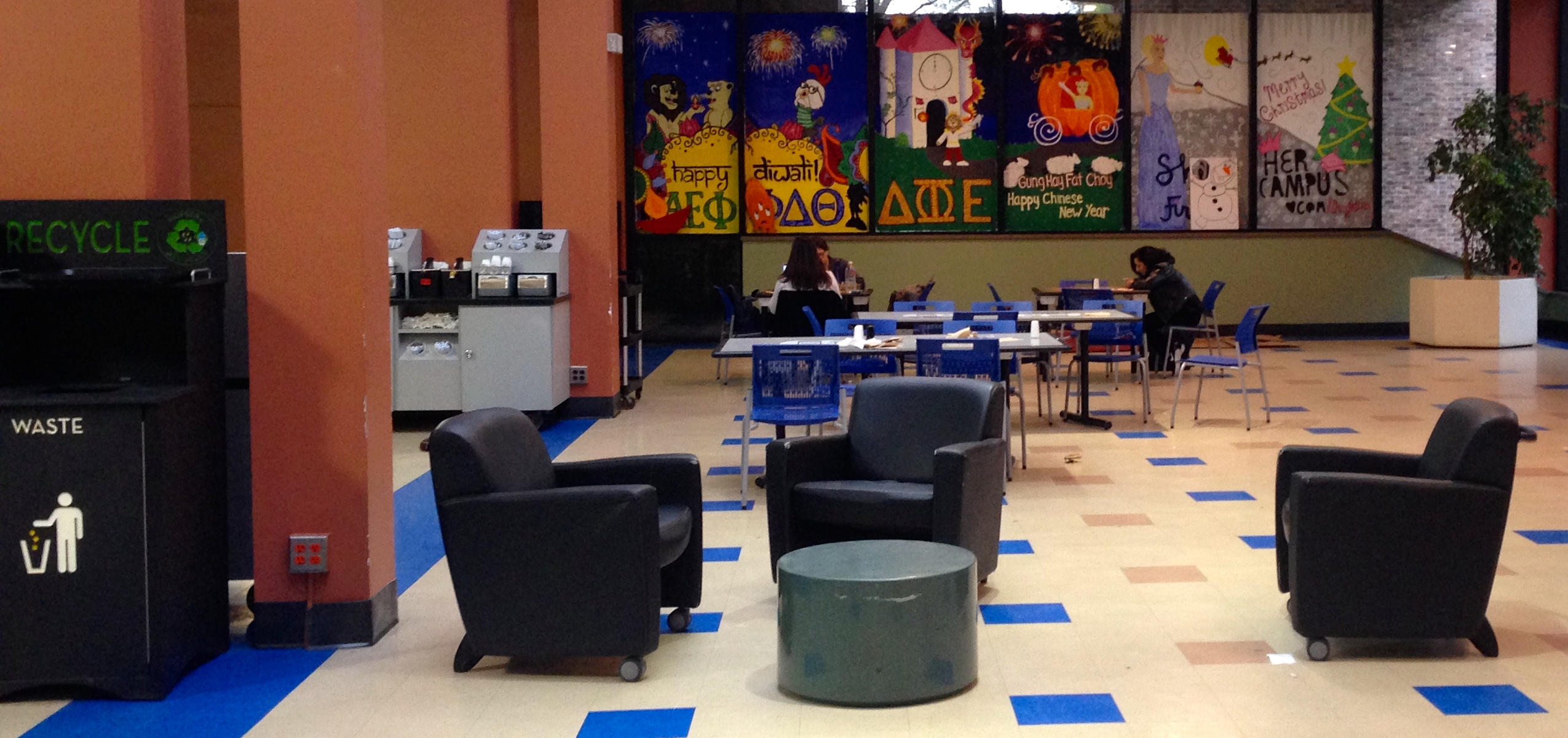 The back of the Cafeteria located in the student center is used more for social gathering rather than eating.