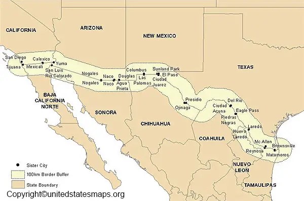 US Mexico Border Map Map Of US Mexico Border Mexico Border Maps Us 