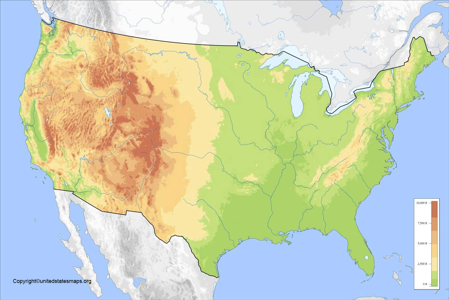 US Elevation Map Elevation Map Of USA With Key Us Elevation Maps 