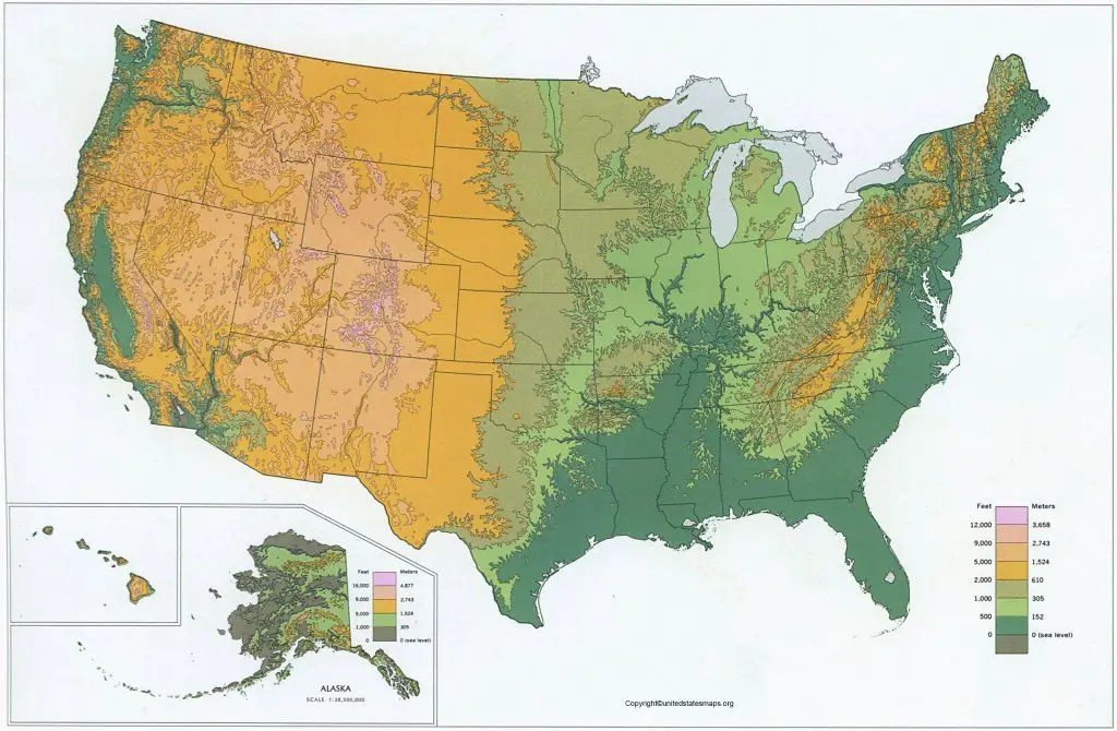 US Elevation Map Elevation Map Of USA With Key Usa Elevation Map 1024x670 