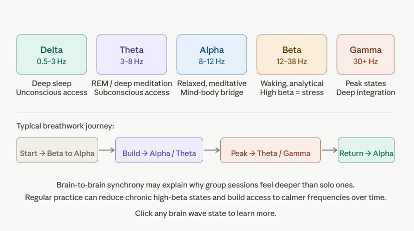 Infographic of brainwave states from Delta to Gamma with frequency ranges and meanings, plus a four-step practice journey flow.