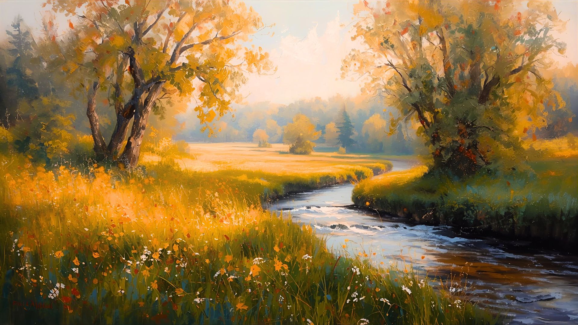 An oil painting depicts a tranquil autumn landscape. A winding river flows through a vibrant golden meadow, bordered by lush green grass and trees with leaves in various shades of yellow and orange. The sky above is a soft, hazy blue and pink, suggesting either dawn or dusk. The overall impression is one of peaceful natural beauty.