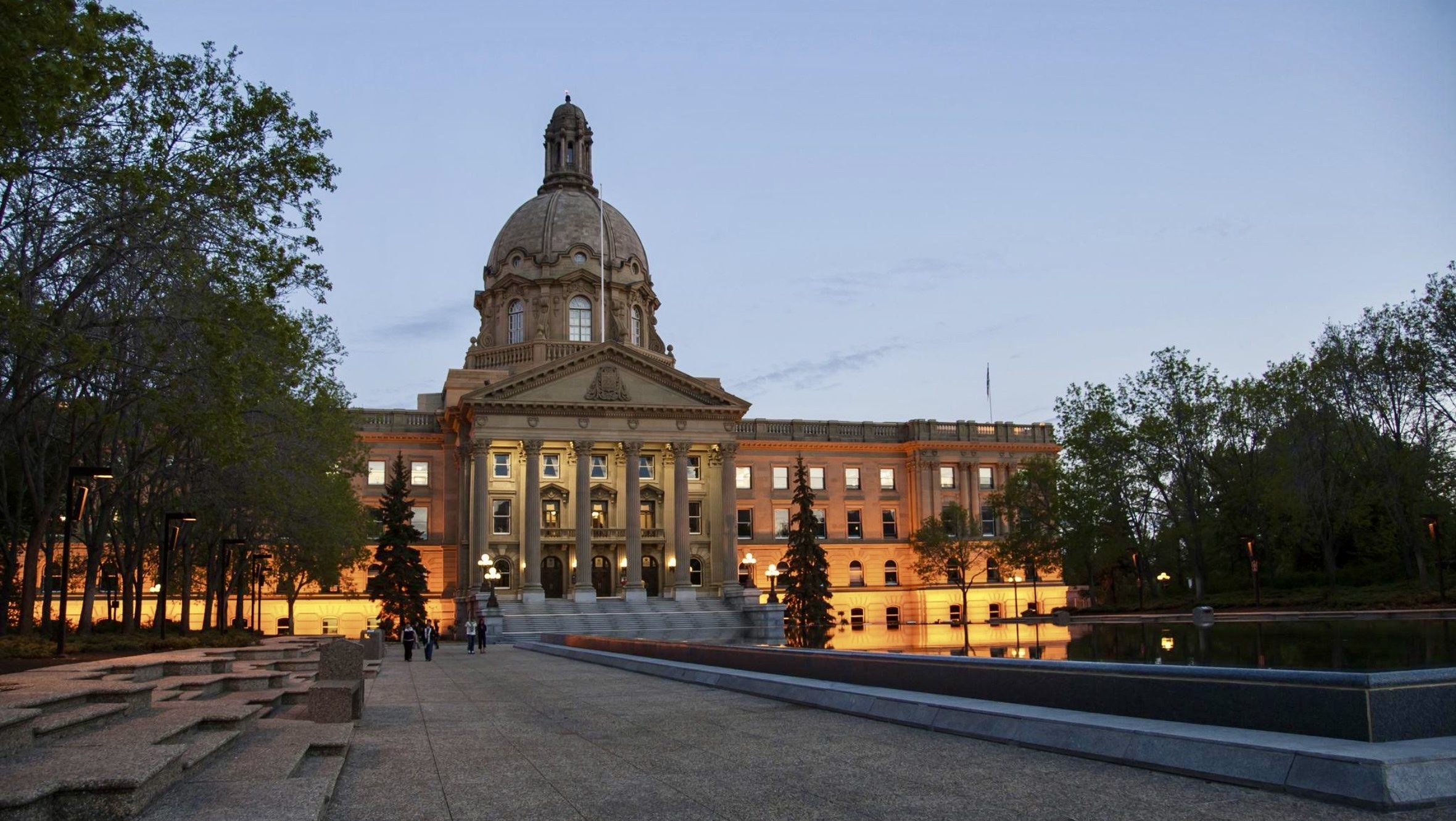 Alberta Legislature Building in Edmonton, Canada, illuminated at dusk