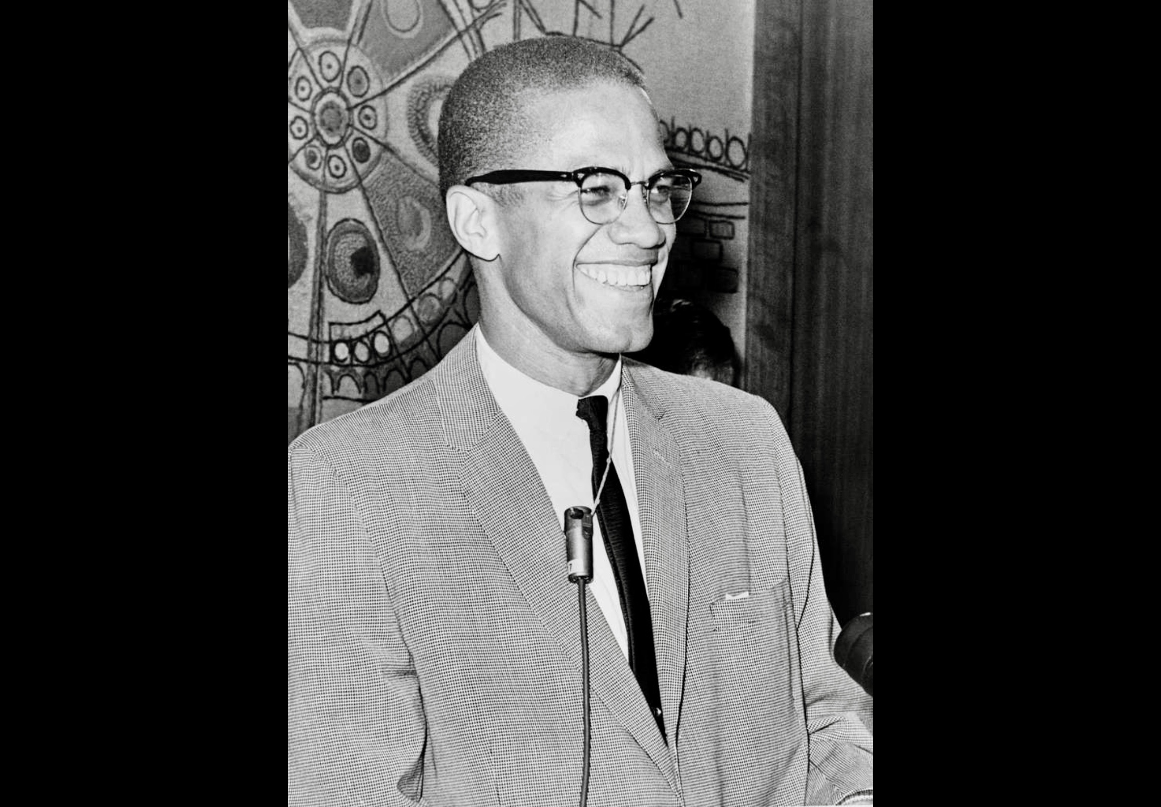 Malcolm X speaking during the final year of his life, shortly before his assassination at the Audubon Ballroom in New York City on February 21, 1965.