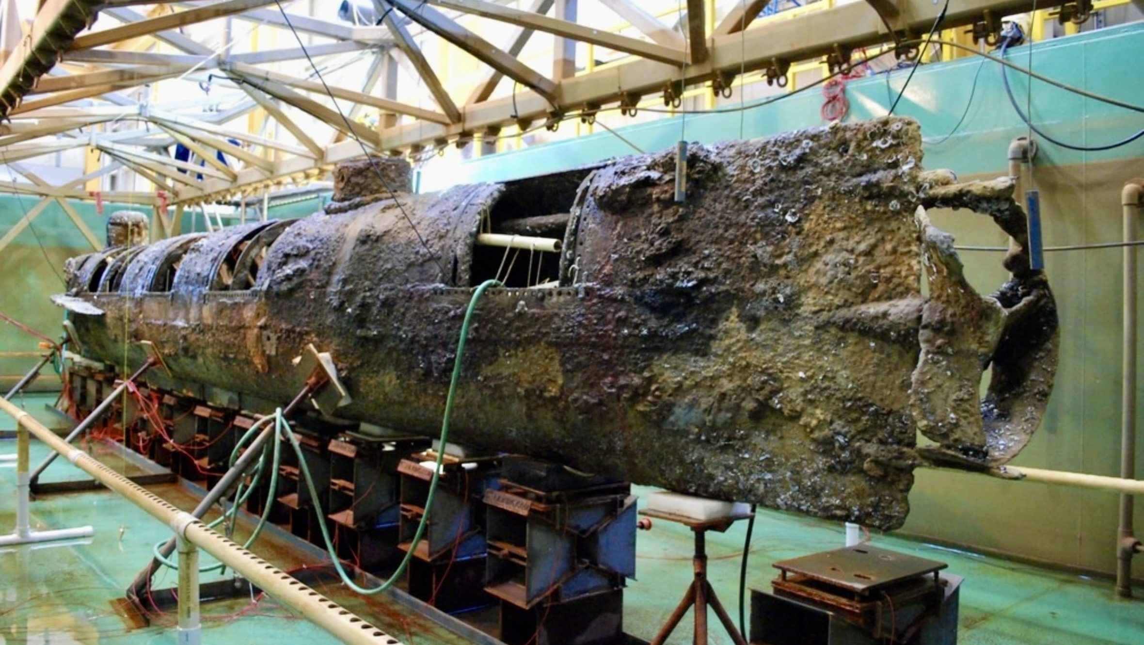 Recovered wreck of the Confederate submarine H.L. Hunley undergoing conservation in South Carolina