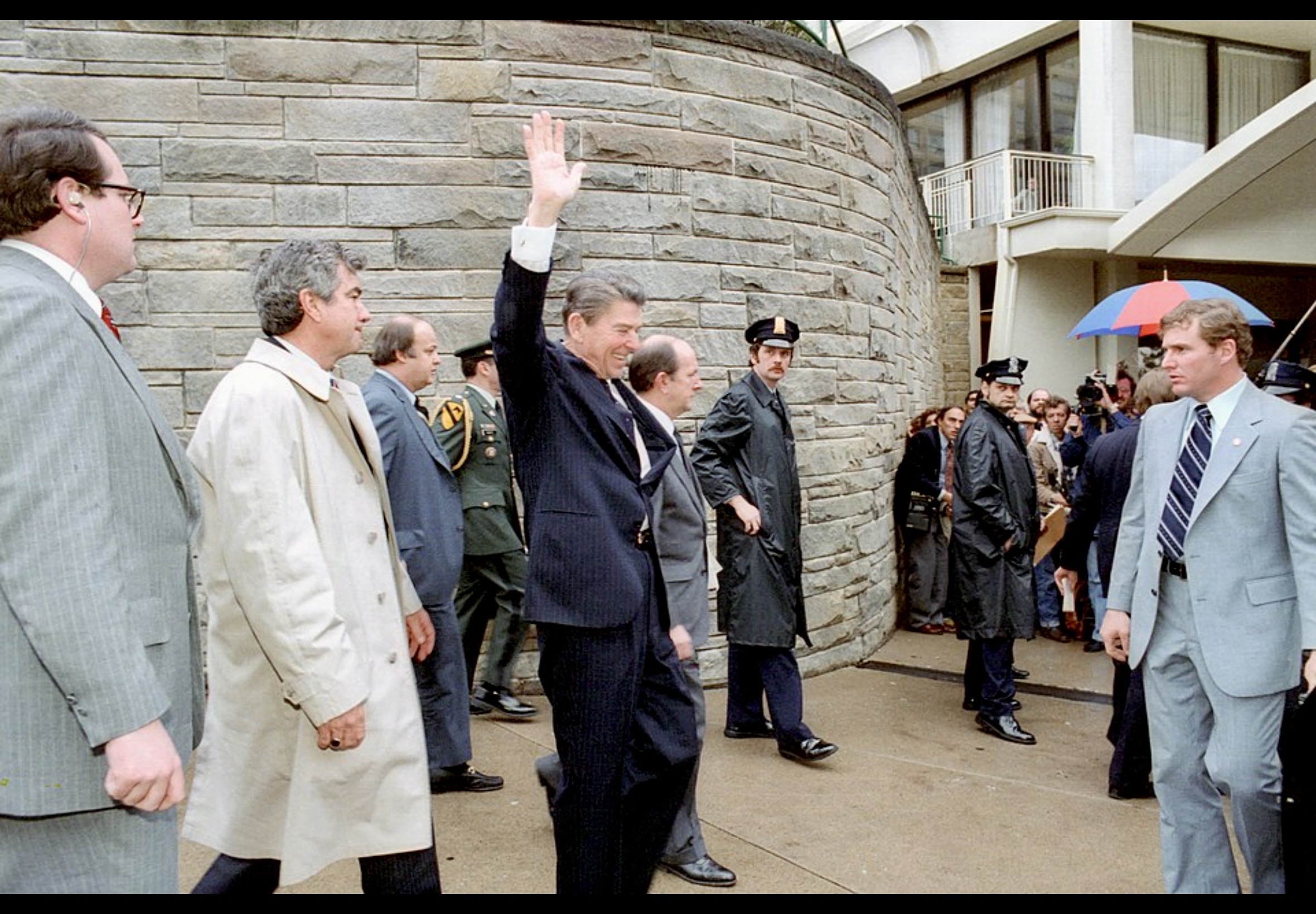Ronald Reagan leaving Washington Hilton Hotel moments before assassination attempt in 1981