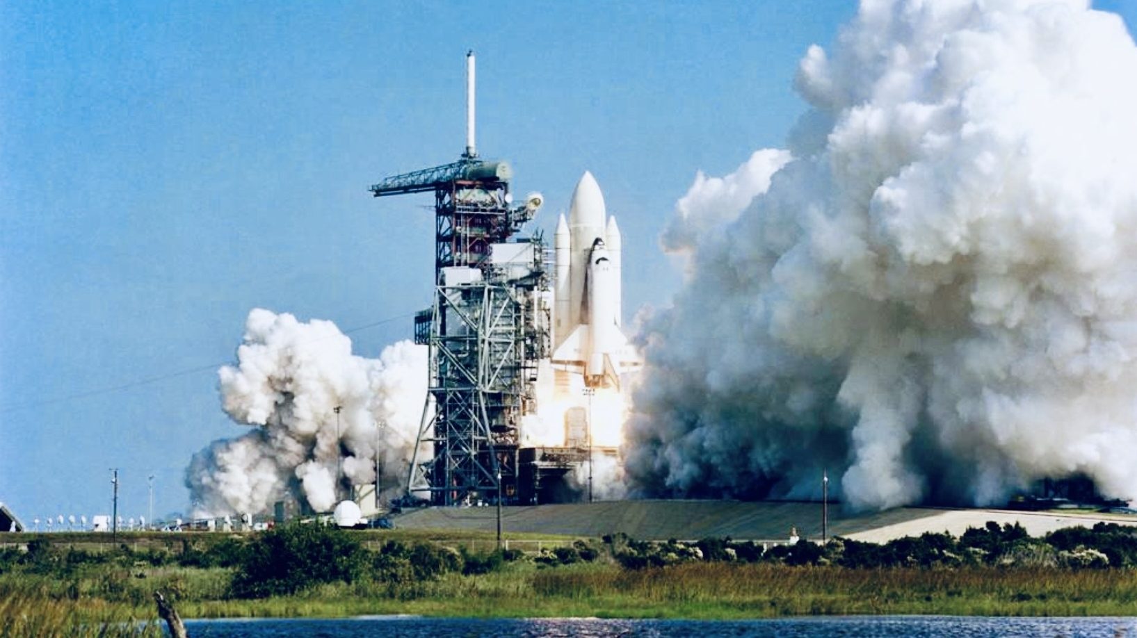 Space Shuttle Columbia lifting off from Kennedy Space Center on April 12, 1981, beginning the first Space Shuttle mission.