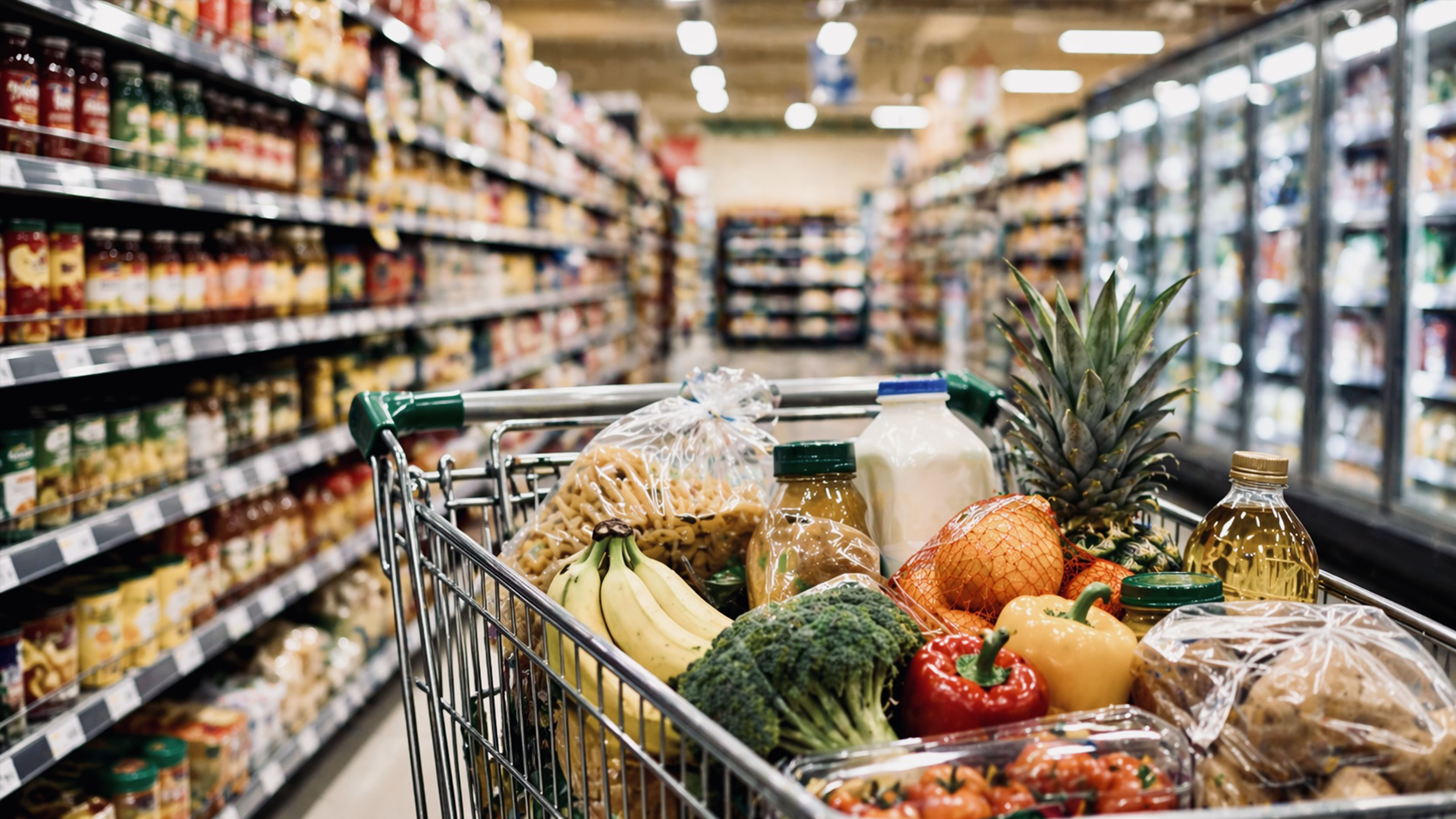 Shopping cart filled with groceries including fresh produce, dairy, and packaged foods in a supermarket aisle.
