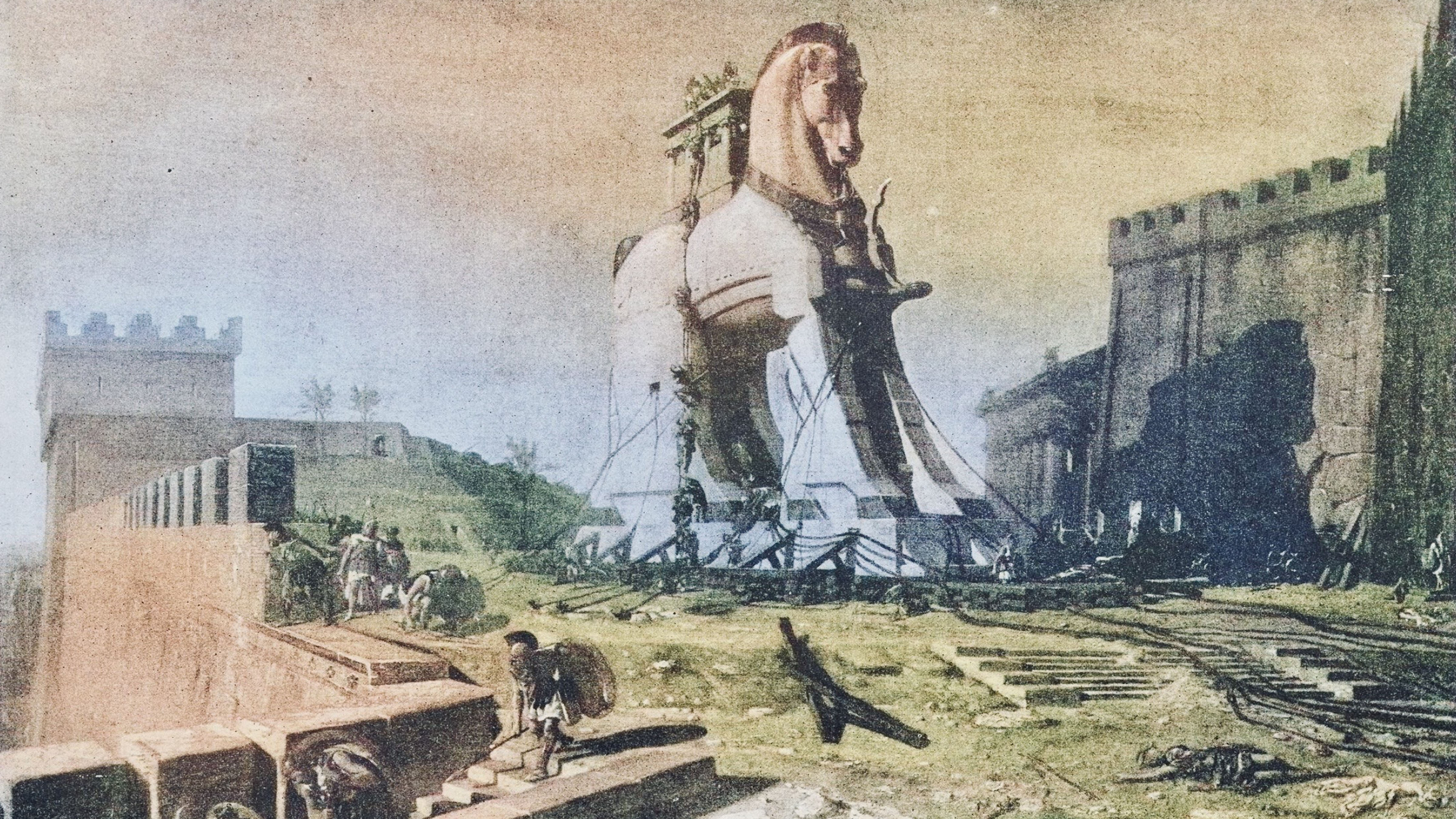 Illustration of the fall of Troy showing the Trojan Horse entering the city