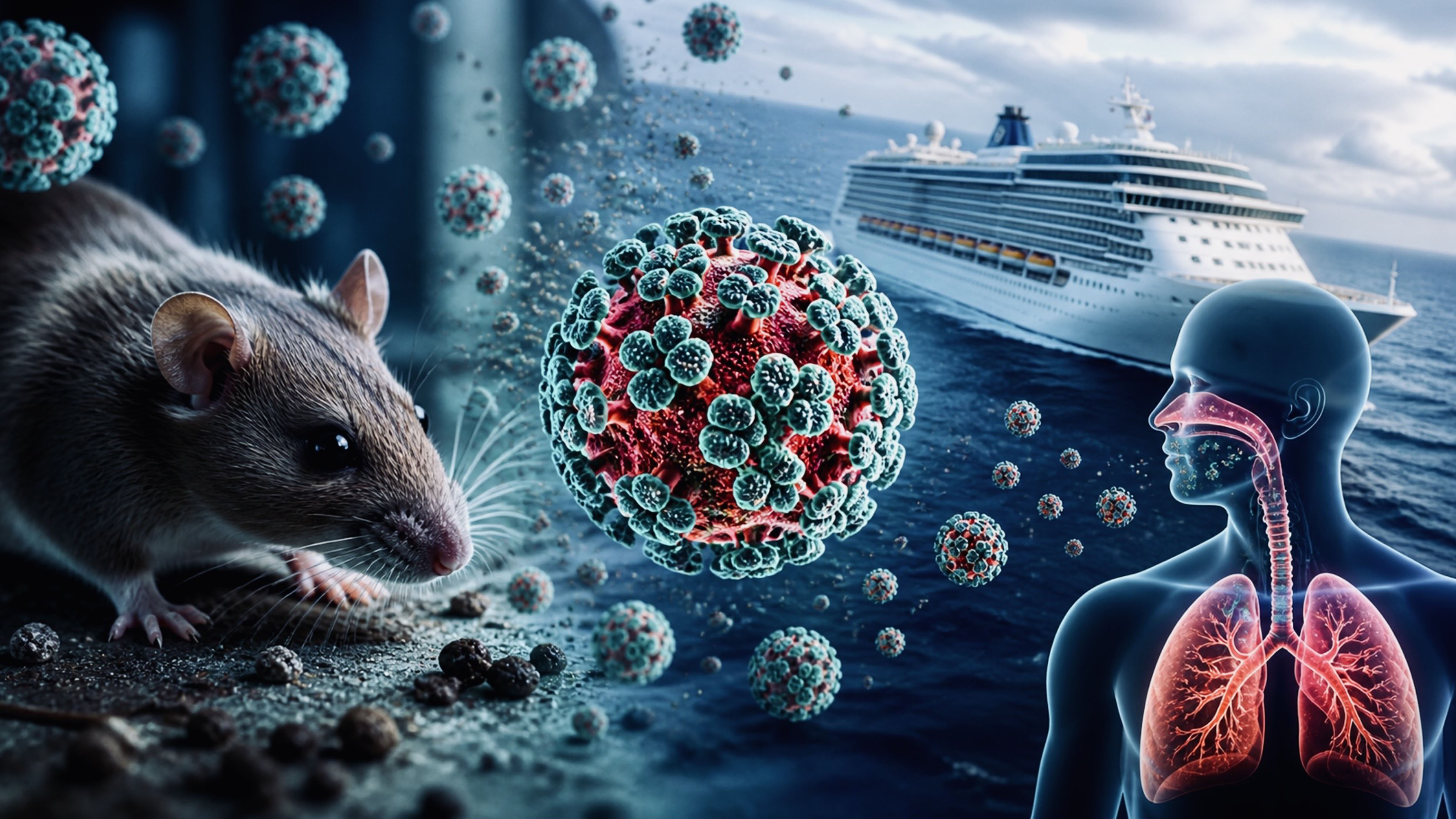 Hantavirus transmission illustrated from rodent source to human infection, with virus particles spreading toward a cruise ship environment